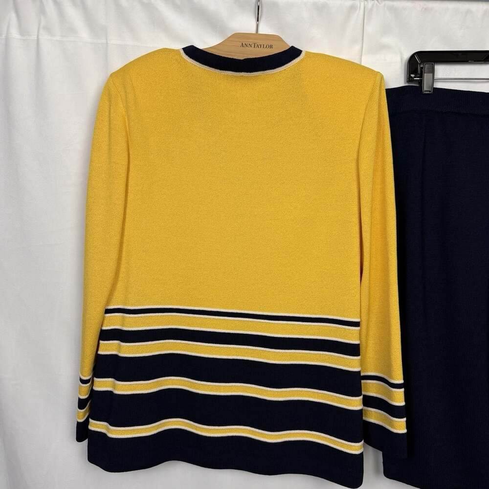 St John Collection Yellow Navy Striped Knit Cardigan Skirt Suit Set 14 - Picture 7 of 7